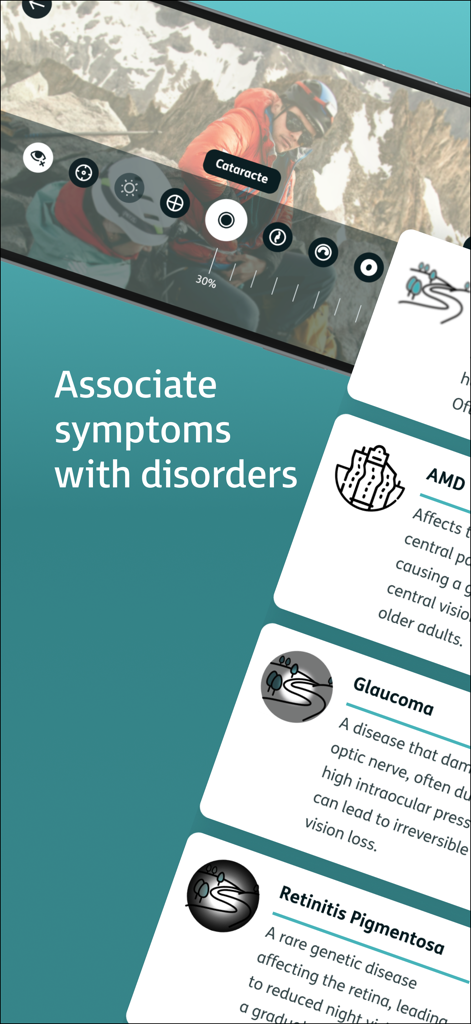 Visions - Visions-App-Oberfläche, die zeigt, wie visuelle Symptome mit Erkrankungen wie Glaukom und AMD mithilfe eines Live-Kamera-Simulators verknüpft werden.