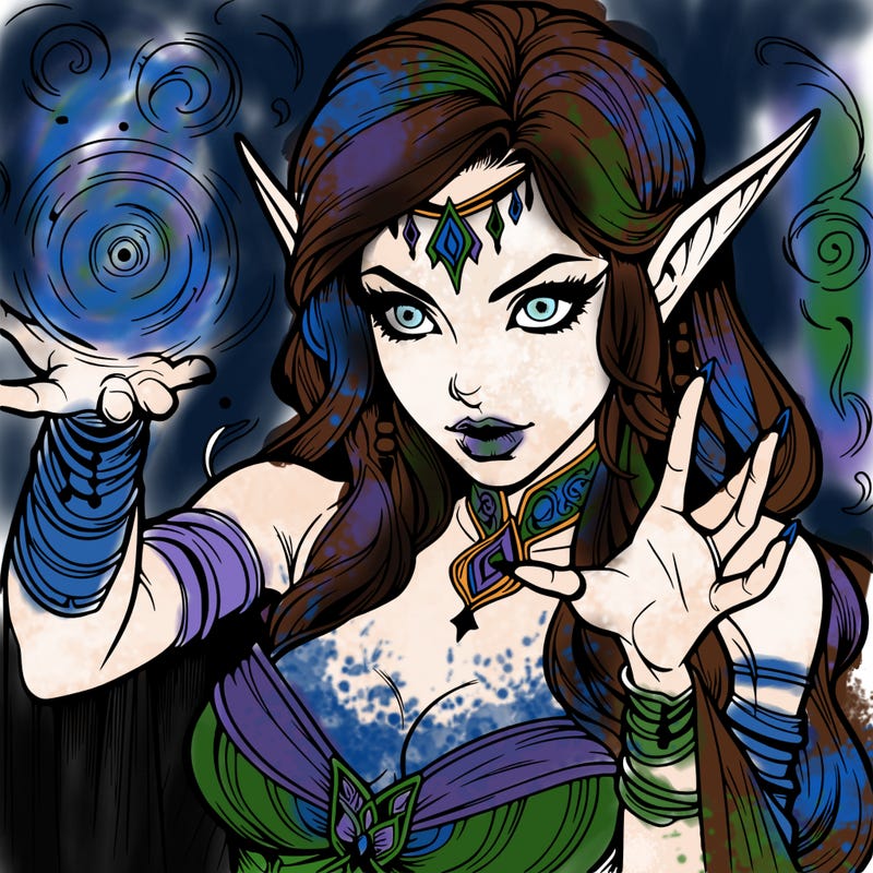 realistic scary beautiful elf sorceress casting spell