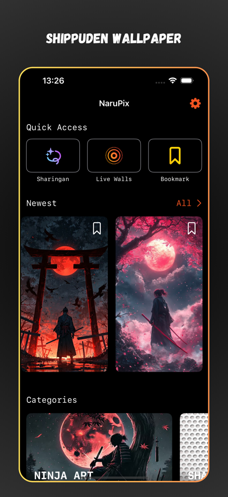 NaruPix: Shippuden Wallpaper - NaruPix app interface displaying ninja themed wallpapers and categories