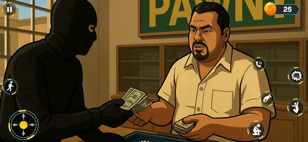 Un maître voleur en masque noir échangeant de l'argent avec un prêteur sur gages dans Silent Thief Covert Operation.