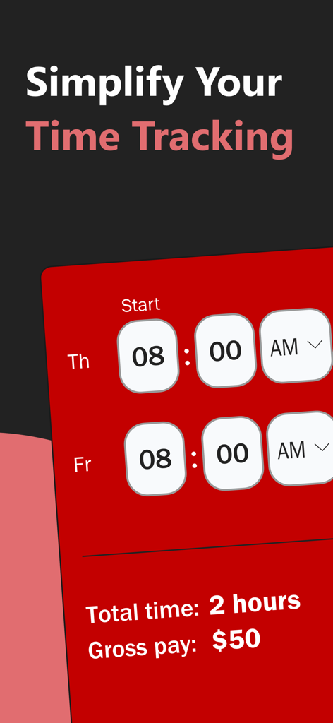 Interface of the Time Card Calculator app showing total work hours and gross pay calculation