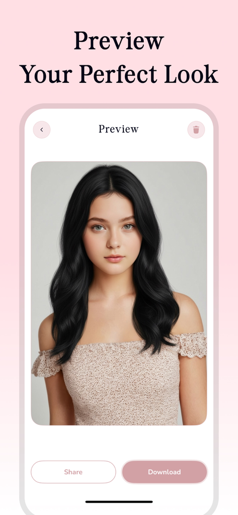 Hair Color Changer: HairHue AI - Una mujer previsualizando una transformación realista de cabello negro en la interfaz de la aplicación HairHue AI.