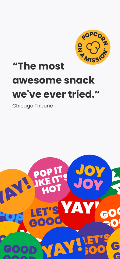 Review of Double Good popcorn by Chicago Tribune with colorful graphic stickers