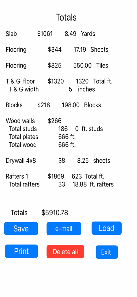 Aplicativo Estimador de Construção exibindo um resumo do projeto com custos e quantidades de materiais para laje, piso e paredes