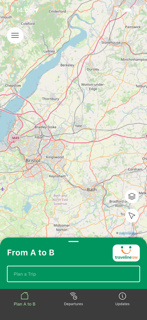 Traveline South West app interface showing a map of Bristol and Bath with the journey planning tool
