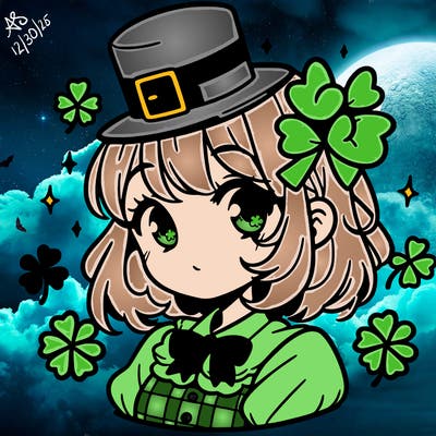 a manga-style girl with clovers around her, a little hat in her hair, like it's saint patrick's day