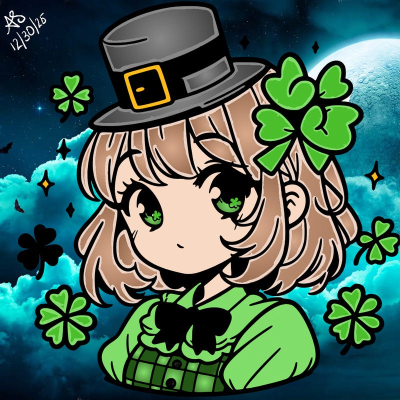 a manga-style girl with clovers around her, a little hat in her hair, like it's saint patrick's day
