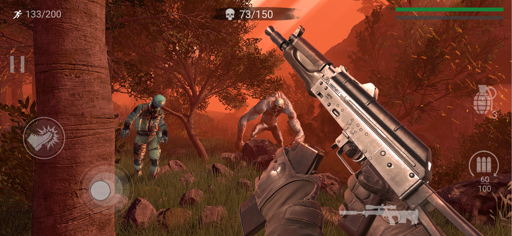 First-person view of a player aiming an assault rifle at zombies in a forest at sunset.