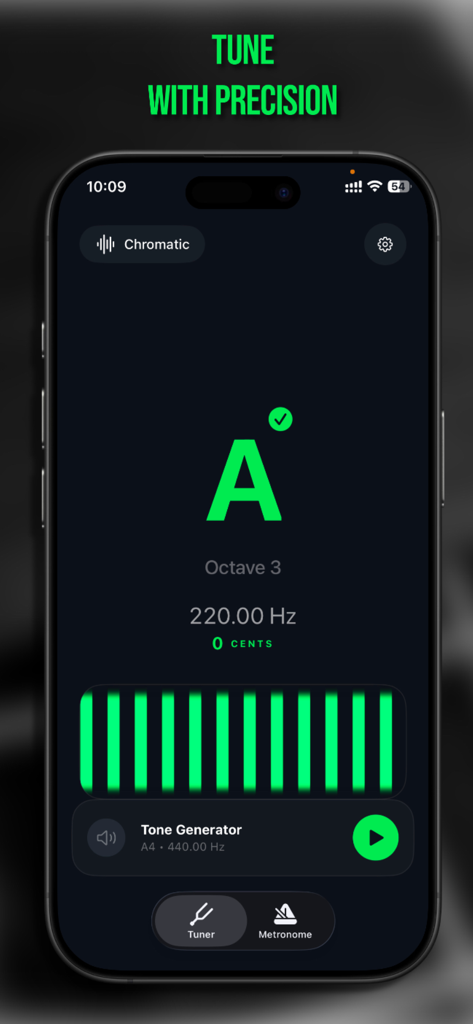 Tuner & Metronome: Attune - Pantalla de la aplicación del afinador cromático Attune que muestra una afinación precisa para la nota La con una pantalla estroboscópica verde