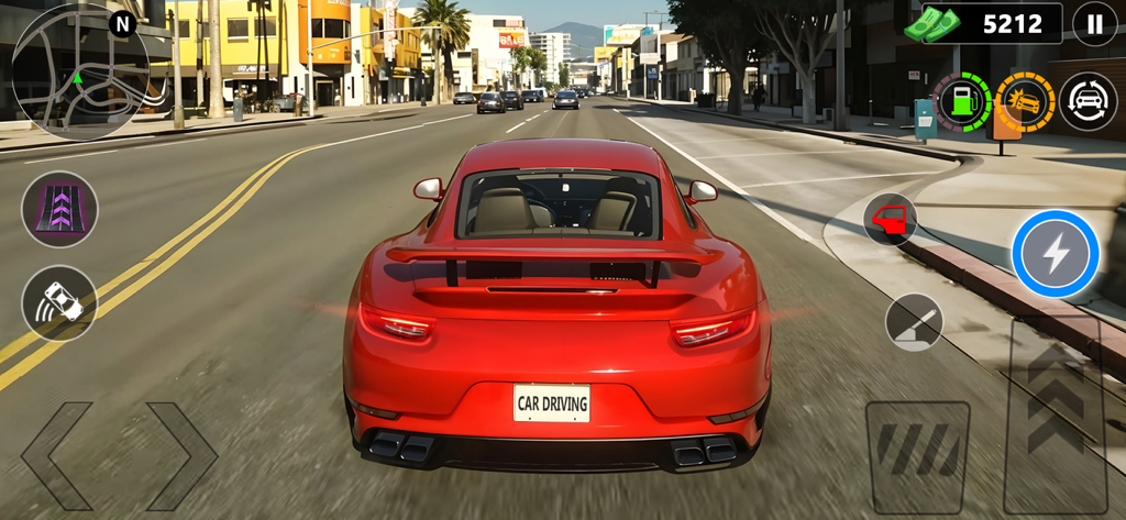 Open World Car Race Drive 3D - Captura de pantalla del juego de un coche deportivo de lujo rojo conduciendo en un entorno de ciudad 3D de mundo abierto