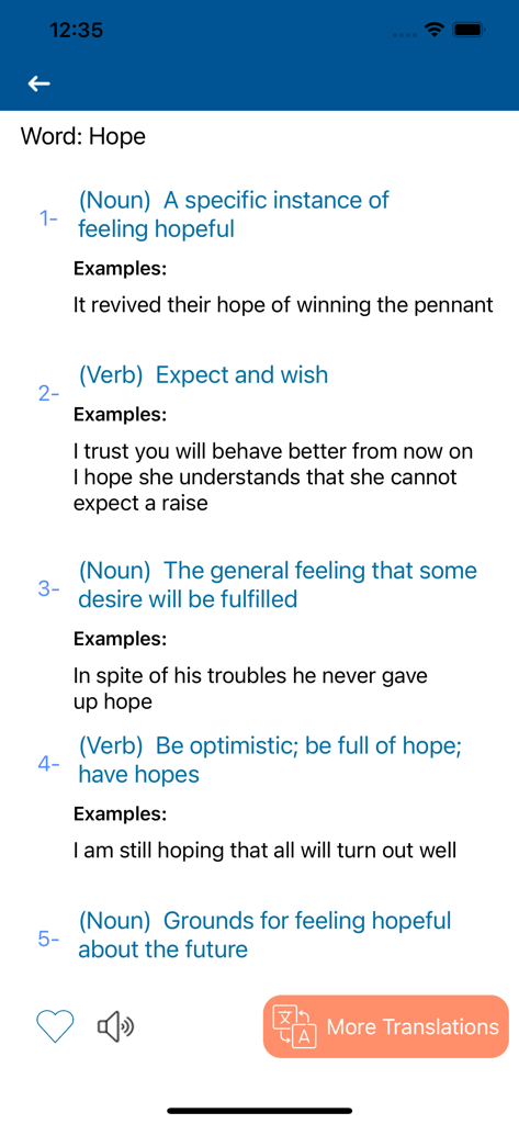 A mobile app interface showing definitions and examples for the word hope in the Advance English Dictionary.