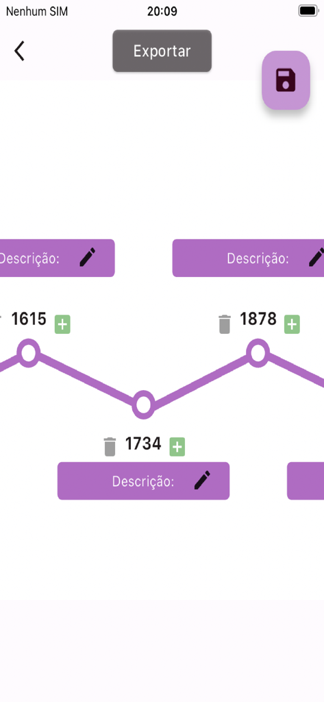 Una pantalla simple de edición de línea de tiempo que muestra un camino cronológico morado con campos de entrada para fechas y descripciones.