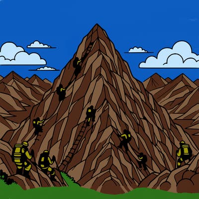 a mountain peak with climbers and majestic views