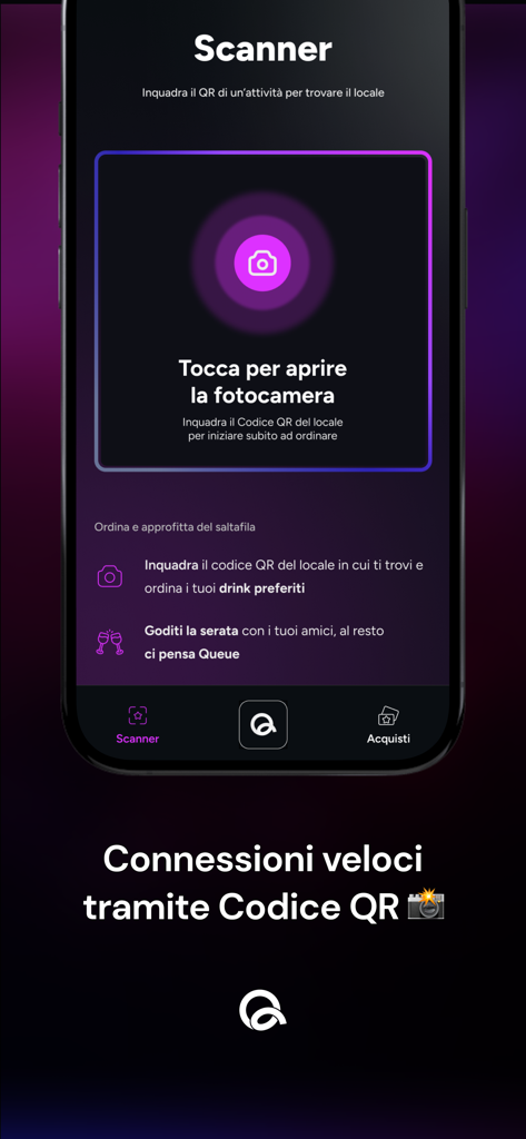 Schermata dello scanner di codici QR dell'app Queue per una rapida connessione ai locali e per ordini digitali