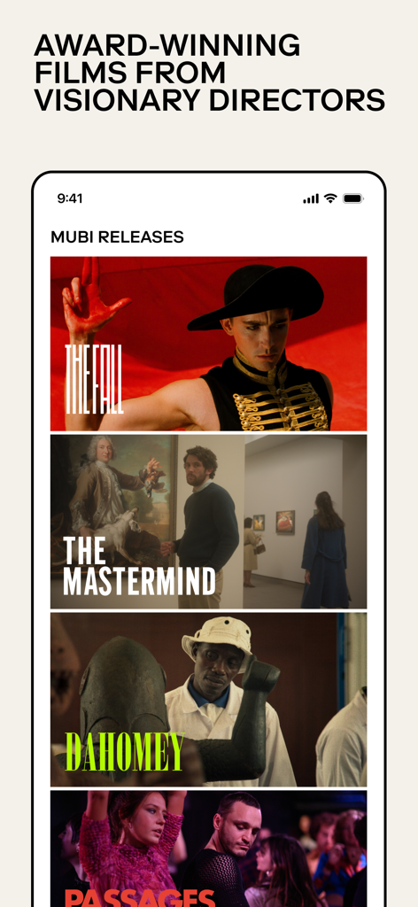 Tela do aplicativo MUBI mostrando uma lista curada de filmes premiados de diretores visionários