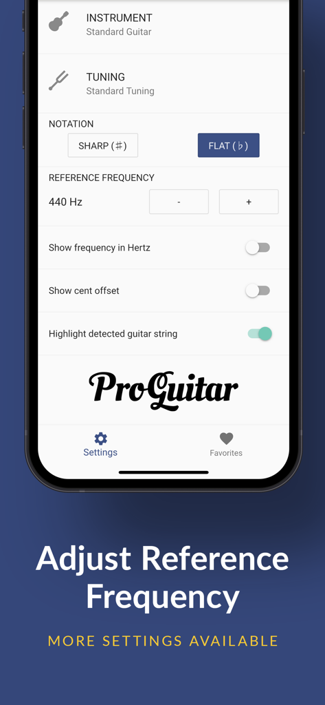 Pro Guitar Tuner - Le menu des paramètres de l'application Pro Guitar Tuner montrant le réglage de la fréquence de référence et les options de notation.