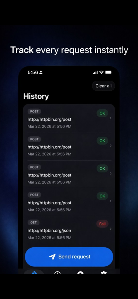 Recent HTTP requests and their status codesのリストを表示するReqLabアプリの履歴ページのスクリーンショット
