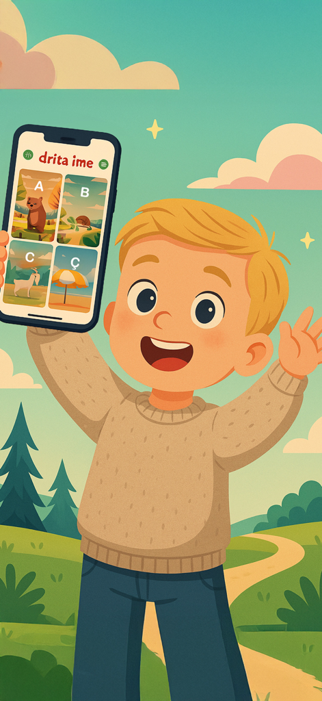 Drita ime - Un niño caricaturizado feliz sosteniendo un teléfono inteligente que muestra la aplicación de aprendizaje del alfabeto albanés Drita ime.