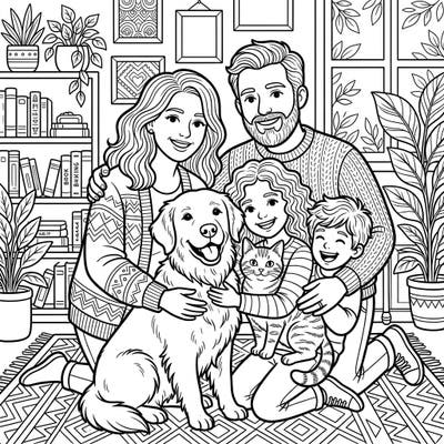 Celebrate the special bond of family and pets with this delightful coloring page. Featuring a happy family, their dog, and cat, it's perfect for a relaxing and creative coloring session.