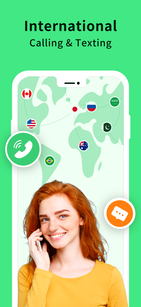 BuzzNow app interface for international calling and texting showing a woman on the phone and a global map with flags