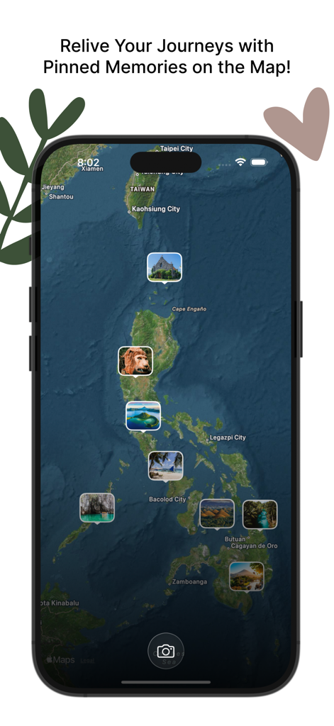 My Map Diary - An interactive satellite map showing various photos pinned to locations as a visual travel journal