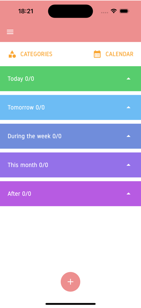 Betao app main screen displaying color-coded task categories for today tomorrow and upcoming weeks