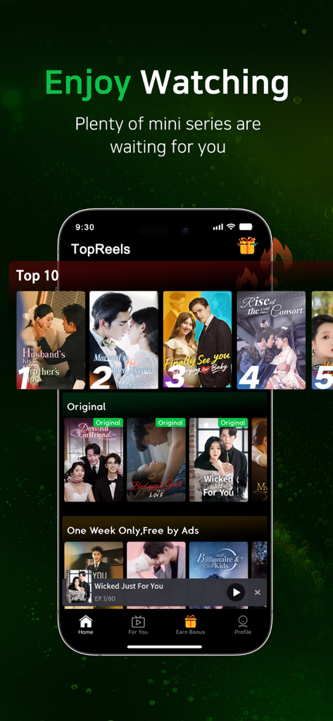 Schermata mobile che mostra la home page dell'app TopReels con una selezione di serie drammatiche brevi e contenuti originali di tendenza