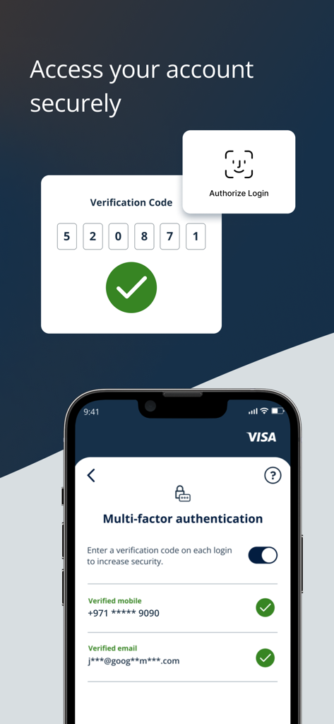 Pantalla de seguridad de autenticación multifactor de la aplicación Visa Airport Companion.