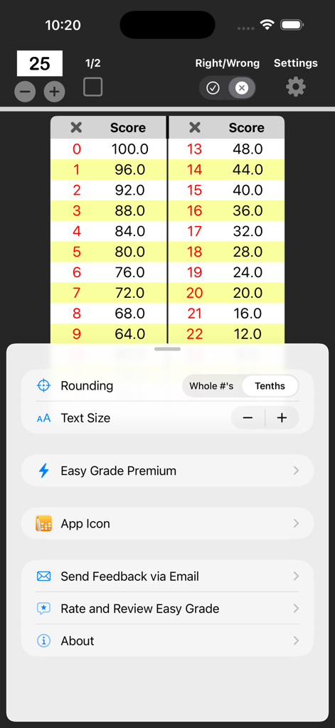 Easy Grade - EZ Grader - Easy Grade App-Screenshot, der eine Notenberechnungstabelle und ein Einstellungsmenü für Rundung und Textgröße anzeigt