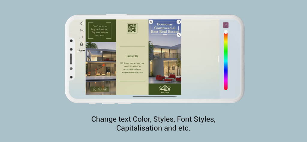 Brochure Maker - Infographic - Smartphone interface showing the editing of a real estate brochure with a color picker and font tools