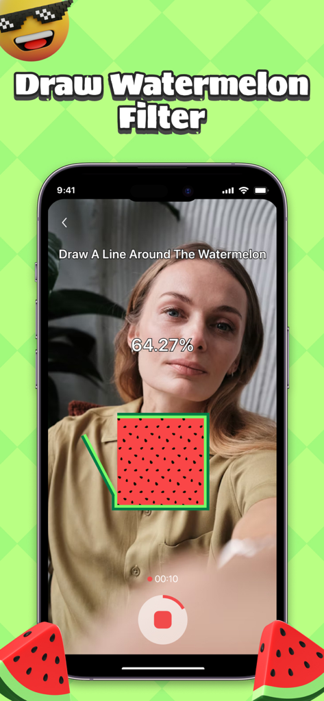 Smartphone screen showing a user playing the Watermelon Draw Challenge AR filter to trace a square watermelon shape.