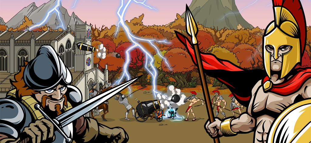 Age Of War 2 - Un guerrero espartano y un soldado medieval enfrentándose en una batalla con rayos y cañones