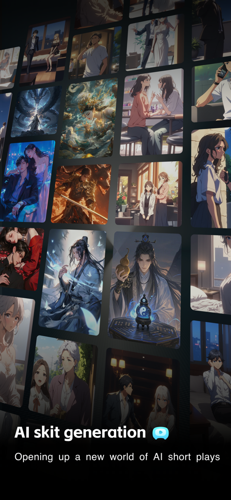 Une grille de diverses images d'anime et de fantaisie générées par IA, présentant la fonctionnalité de génération de sketches IA dans l'application Suna.