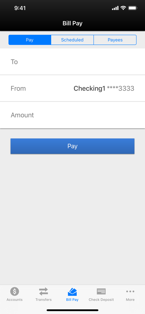 ESL Mobile Banking - ESL Mobile Banking App Rechnungszahlungsbildschirm mit Optionen zur Zahlung von einem Girokonto.