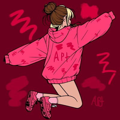 realistic girl jumping with a bun and oversized sweatshirt