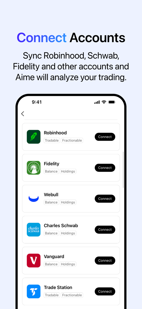 AInvest: AI Stock Investing - Interfaccia dell'app AInvest che mostra opzioni per sincronizzare conti di intermediazione inclusi Robinhood Fidelity e Charles Schwab