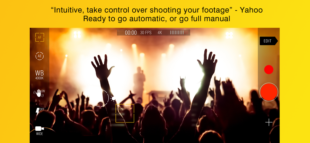 Kinomatic - Pro Video Camera - Kinomatic pro video camera app interface showing manual controls and 4K recording of a live concert
