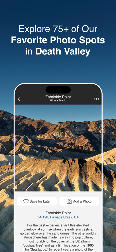 Death Valley Offline Guide - A screenshot of the Death Valley Offline Guide app displaying a scenic photo of Zabriskie Point with details about the location and a button to save for later.