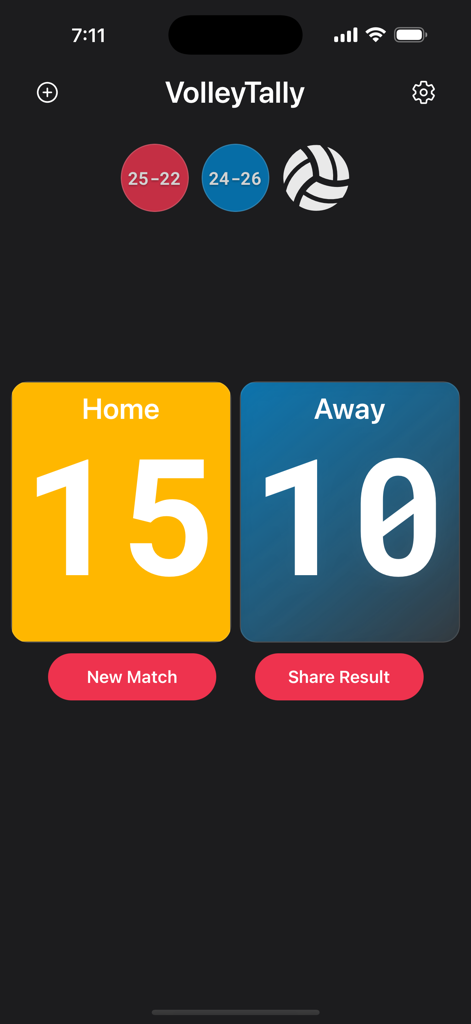 Tabellone segnapunti dell'app mobile VolleyTally che mostra i punteggi di casa e fuori casa con cronologia dei set e controlli della partita