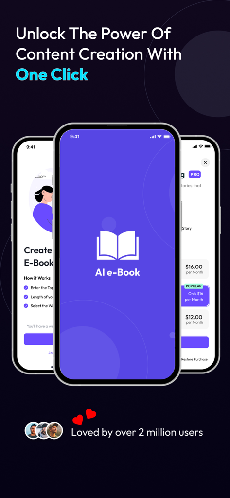 AI Ebook Generator-Book Writer - Capturas de tela da interface do aplicativo Gerador de Ebooks IA mostrando etapas de criação de conteúdo e preços
