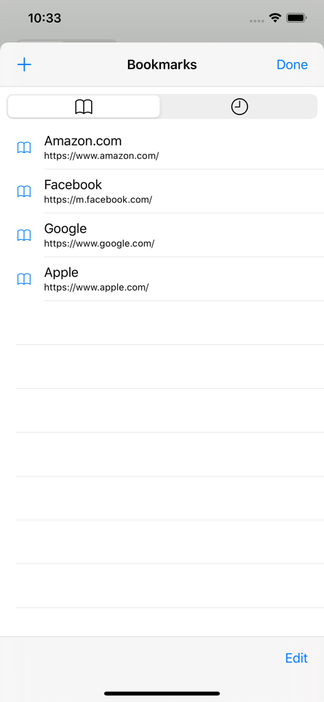 HTML Viewer Pro - Bookmarks screen in the HTML Viewer Pro app showing a list of saved websites including Amazon Facebook and Google