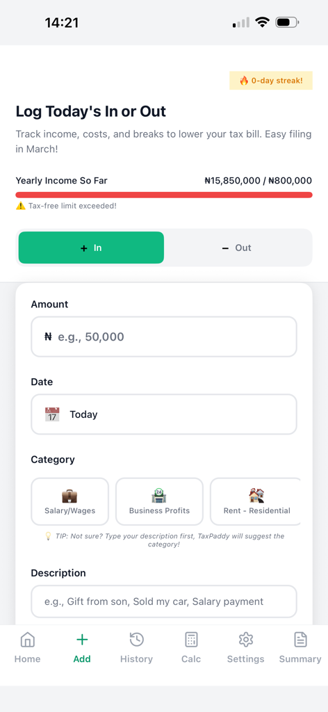 TaxPaddy - TaxPaddy mobile app interface for tracking income and expenses under Nigerian tax law