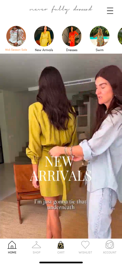 Never Fully Dressed - Home screen of the Never Fully Dressed mobile app showing new arrivals and fashion categories