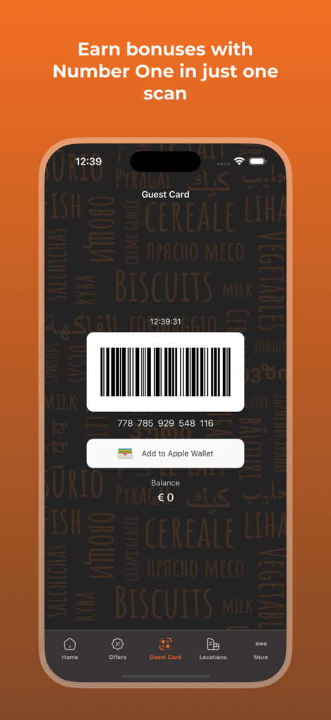 NR1 Rewards App-Bildschirm mit digitaler Gästekarte mit scannbarem Barcode und Apple Wallet-Integration