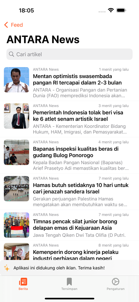 Interface of the Indonesia Berita News app displaying a vertical list of current news articles from Antara.