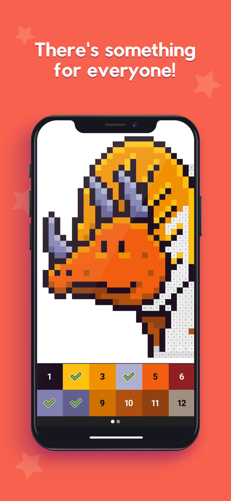 Pixel Tap: Color by Number - A triceratops dinosaur pixel art design being colored by number in the Pixel Tap app.