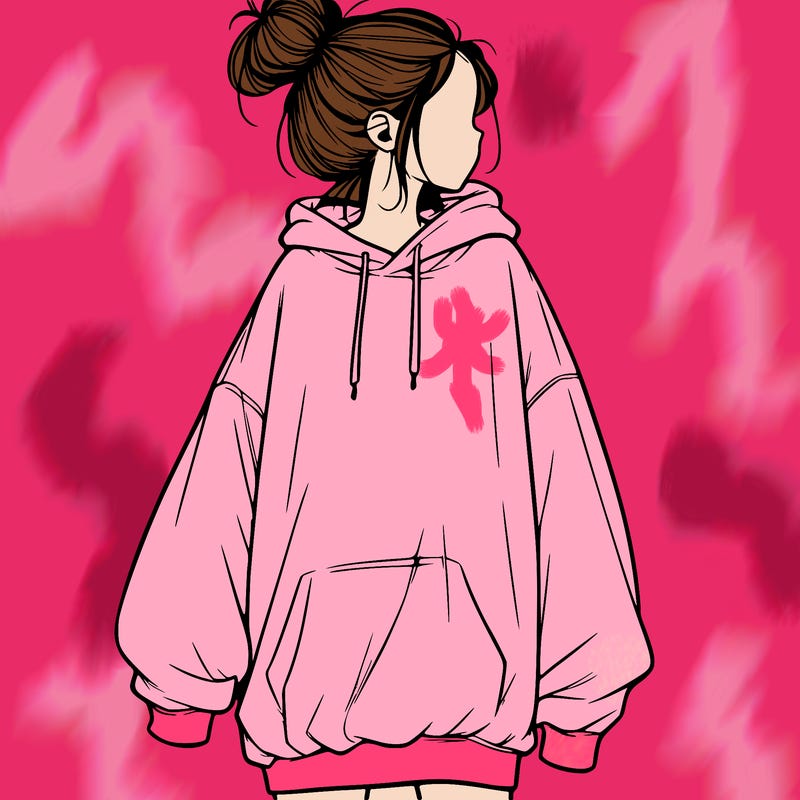realistic girl with a oversized sweatshirt on and a bun