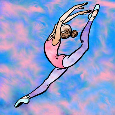 gymnast doing a leap in a leotard with a bent back leg