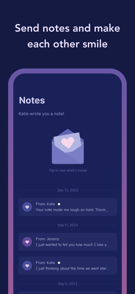 Cozy Couples: Relationship App - 파트너 간에 교환된 사랑의 메모 디지털 받은 편지함 및 기록을 보여주는 Cozy Couples 앱 스크린샷