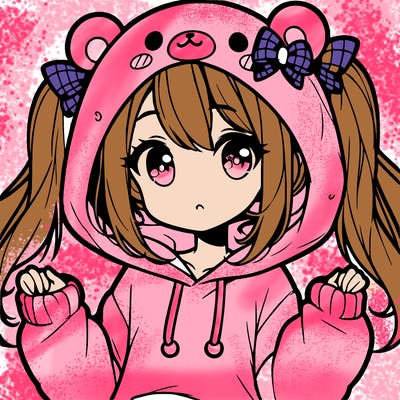 cute anime girl with ponytails and a cute bear hoodie